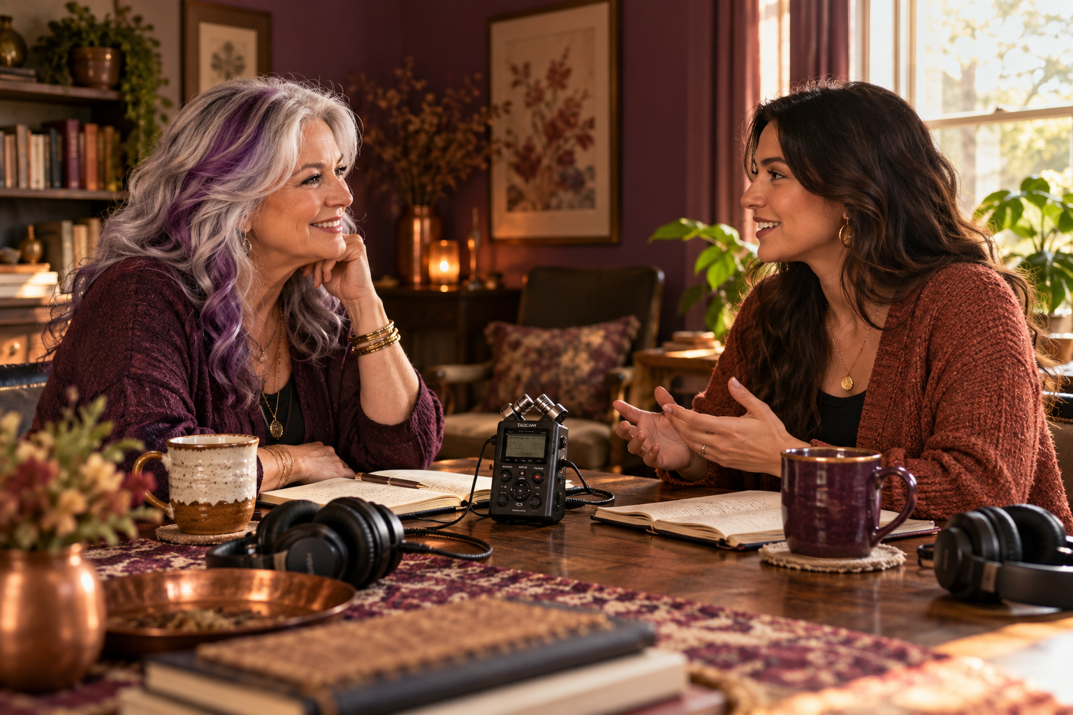 Illustrative scene of two women recording a conversation with a portable audio recorder