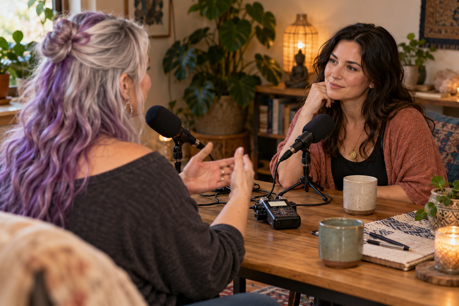 Illustrative over-the-shoulder view of a podcast conversation with a portable recorder