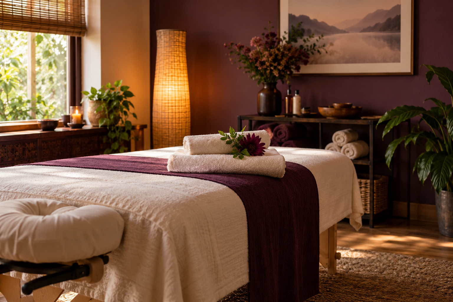 A calm massage studio with towels and warm daylight