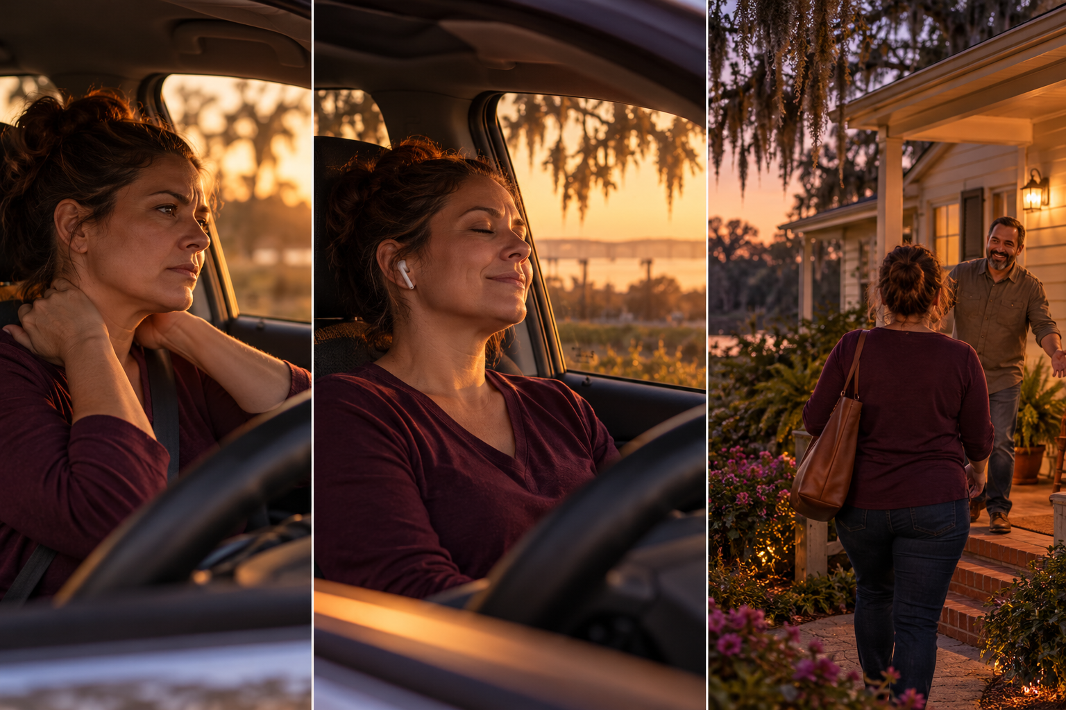 A South Mississippi commute as a transition: music and a few minutes of decompression help separate the workday from the first conversation at home.