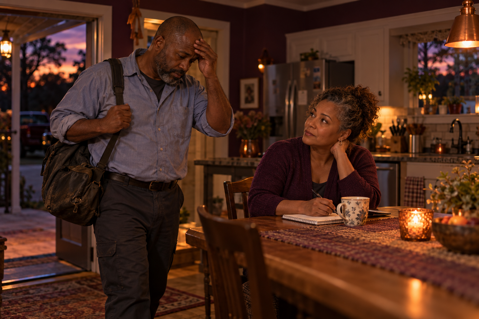 Stress and intimacy in South Mississippi: the conversation follows a demanding day from raised shoulders and racing thoughts to a gentler request for connection.