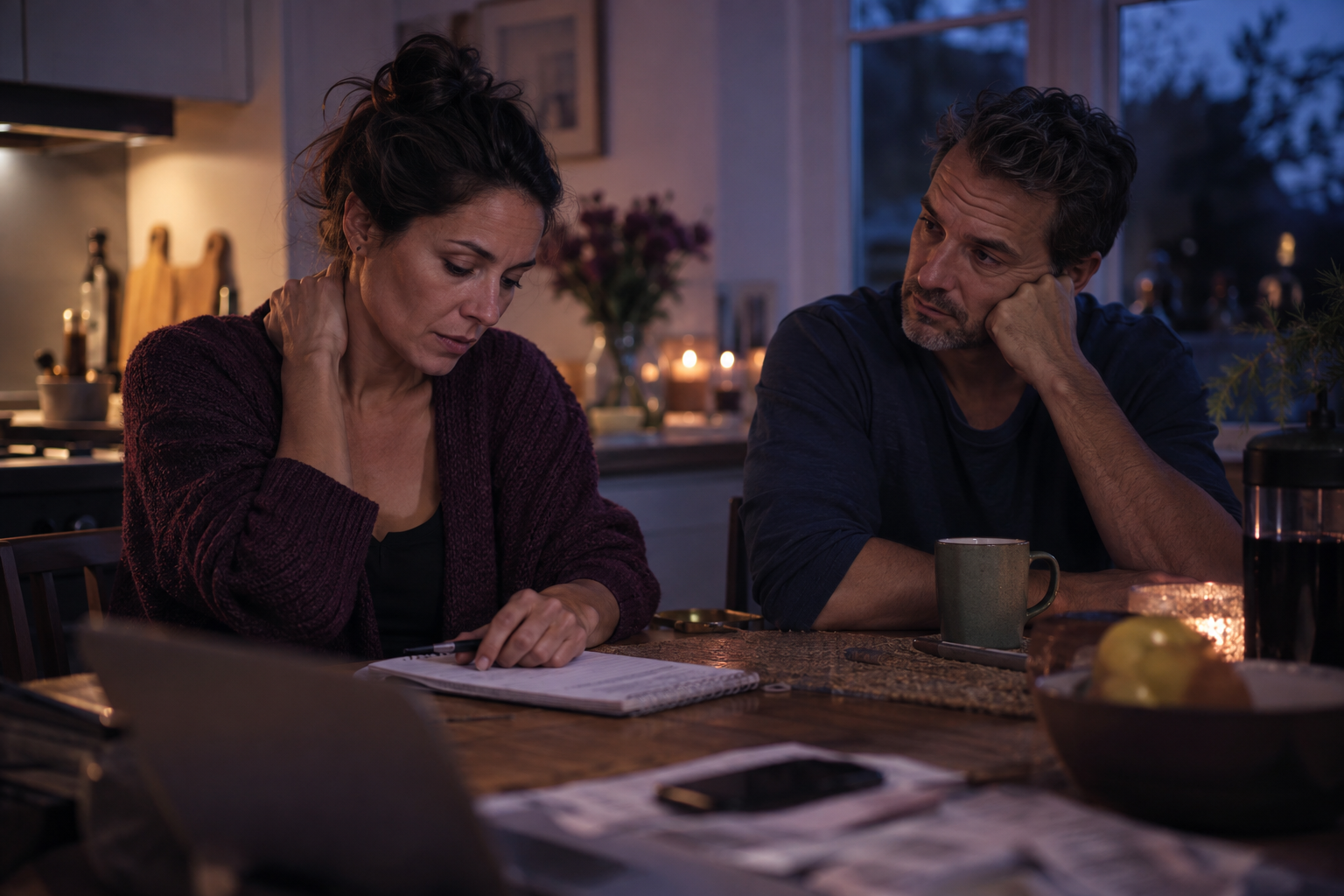 A couple at their kitchen table after a demanding day, one holding a tense shoulder and writing in a notebook